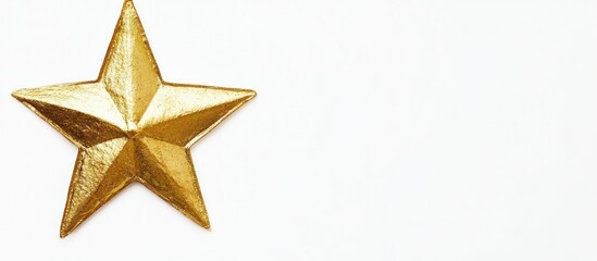 Fototapeta premium A golden, five-pointed star rests against a bright white background, isolated.