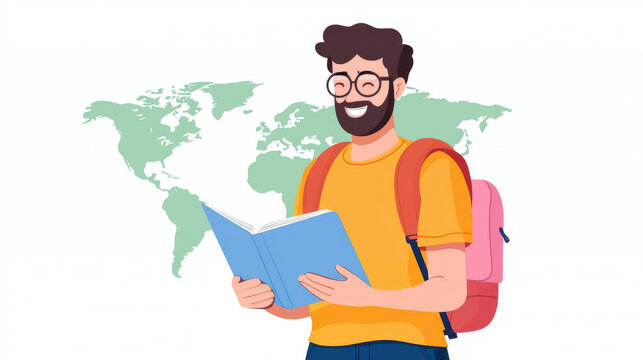 Young man reading book with backpack smiling world map background exploring knowledge travel education adventure learning