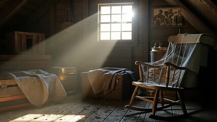 Sunlight streaming through a dusty attic window illuminating a rocking chair and vintage trunks - Powered by Adobe