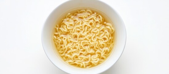 A bowl of cooked instant noodles in broth, viewed from above.