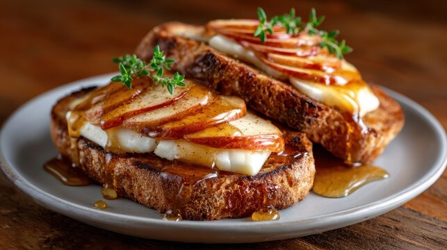 Delicious slices of toasted bread topped with apples and honey, presenting a perfect blend of flavors for a cozy autumn breakfast or snack moment.