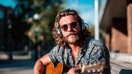 A relaxed musician sits outdoors strumming a guitar, wearing headphones, embodying the joy of music and creativity amidst an inviting urban backdrop.