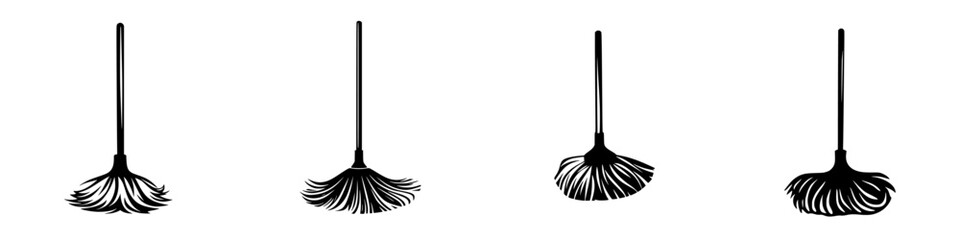 Obraz premium Different types of brooms standing upright against a white background, showcasing their unique designs and bristle styles