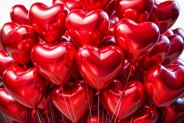 A vibrant cluster of shiny red heartshaped balloons, symbolizing love and celebration, creating a festive and romantic atmosphere isolated on transparent background