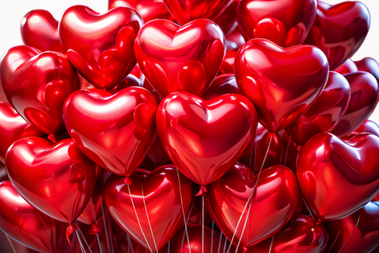 A vibrant cluster of shiny red heartshaped balloons, symbolizing love and celebration, creating a festive and romantic atmosphere isolated on transparent background