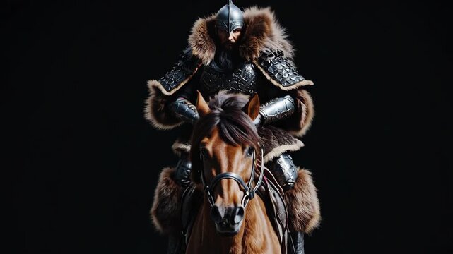 Medieval Warrior in Armor Riding Horse with Fur Cloak