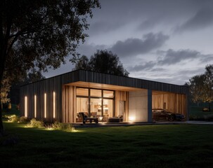 Fototapeta premium Modern single-story house with large glass illuminated at night in a lush garden