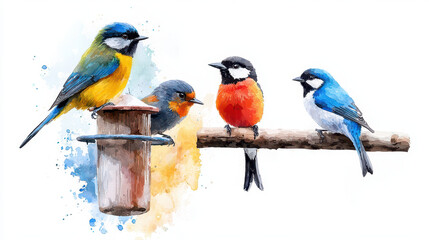 Obraz premium Colorful birds perched on wooden branch, showcasing vibrant plumage and charming watercolor style, creating delightful scene