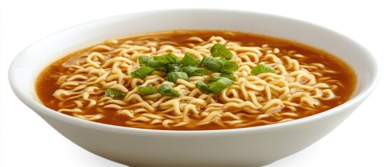 A close-up view of a bowl of steaming ramen noodles with green garnish.