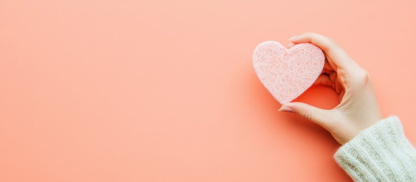 Woman's hand in a sweater holding a pink heart against a peach background.