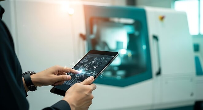 A person uses a tablet to control industrial machinery, showcasing technological integration within a modern manufacturing facility.