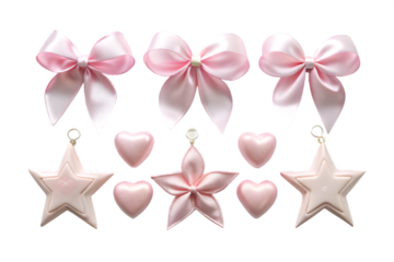 Collection of delicate pink satin bows and star and heart ornaments, isolated on transparent background