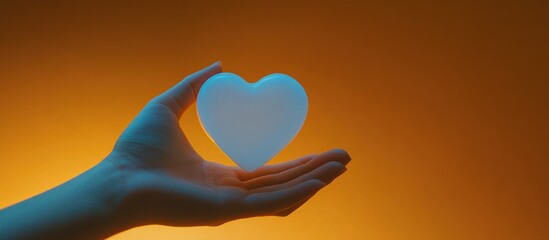 A hand holds a translucent blue heart against a warm orange background, conveying a sense of care and compassion.