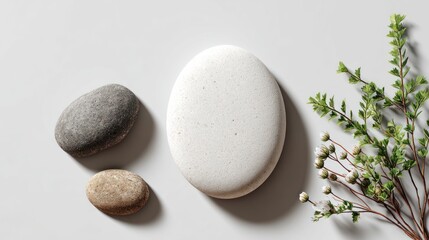 Lamas personalizadas con paisajes con tu foto Zen Stones Composition: A serene collection of smooth, weathered stones rests beside a sprig of delicate greenery. The arrangement exudes tranquility, inviting a sense of calm and balance. 
