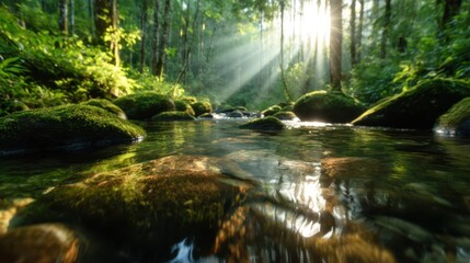 Obraz premium A tranquil forest stream illuminated by soft sunlight rays filtering through lush greenery, creating a peaceful and enchanting natural scene.