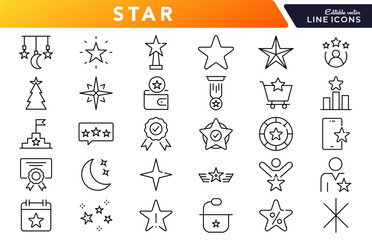 Star linear icon set. Ratings, favorites, awards, achievements, sparkles, highlights, space, decoration, shapes, symbols, navigation, vector icon set. UI thin line icon pack