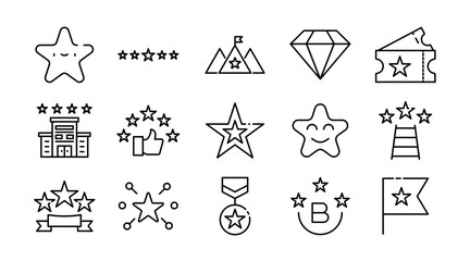 Star linear icon set. Ratings, favorites, awards, achievements, sparkles, highlights, space, decoration, shapes, symbols, navigation, vector icon set. UI thin line icon pack