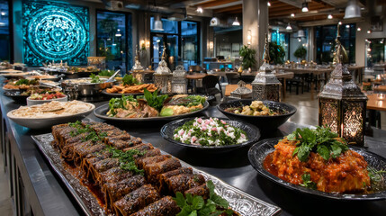 Obraz premium Middle Eastern or Arabic cuisine with a variety of mezze on a rustic concrete backdrop Food that is Halal. Cuisine from Lebanon, Turkey, and Egypt, with mixed veggies and a gorgeous table top view