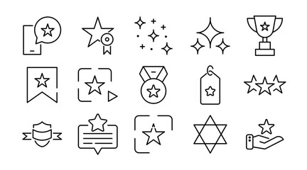 Star linear icon set. Ratings, favorites, awards, achievements, sparkles, highlights, space, decoration, shapes, symbols, navigation, vector icon set. UI thin line icon pack