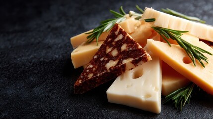 An artistic display of assorted cheeses, beautifully arranged with fresh herbs, capturing an exquisite culinary experience perfect for gourmet chefs and cheese lovers alike.