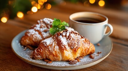 This appetizing image features flaky croissants dusted with powdered sugar served alongside a cup of coffee, highlighting a perfect brunch moment filled with indulgence.