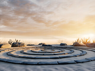 Stone Spiral Art Installation in Desert at Sunset