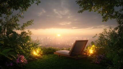 Peaceful urban sunset: tranquil garden overlooking cityscape from leafy retreat