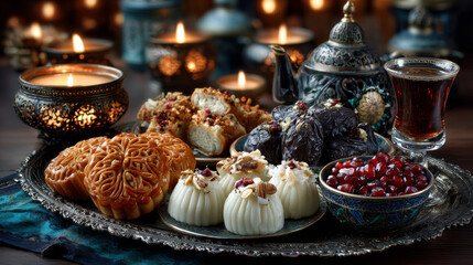 Arabic Cuisine; Eid sweets(kahk, maamoul or mamoul ,biscuits, petit four) Cookies for celebration of El-Fitr Islamic Feast Ramadan sweets. Delicious traditional biscuits and maamoul or mamoul top view