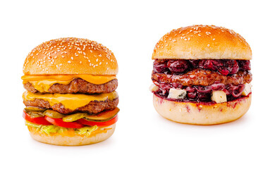Two distinct burgers showcasing creative flavor combinations and textures