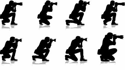 Silhouettes of photographers in various poses capturing images with cameras in a studio setting on white background