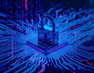 A visual concept of advanced technology for data protection. A solid padlock is a powerful symbol of security, guarding a vibrant digital network