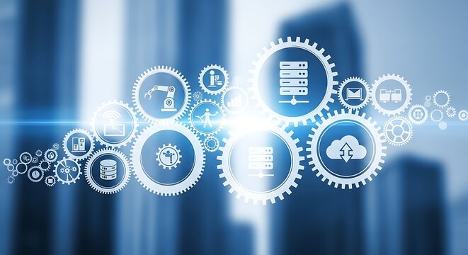 A network of interconnected gears showcasing various technology components, including servers, cloud services, and automated systems, in a modern and dynamic design.
