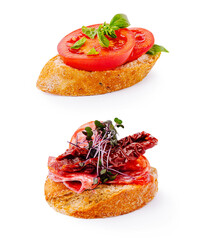 Delicious bruschetta topped with fresh tomatoes and savory meats