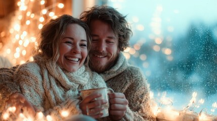 A cozy couple share warm smiles and a hot drink while snuggled together by a window adorned with twinkling lights, embodying love and warmth during winter evenings.