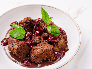 Chocolate dessert with cherry sauce and mint garnish placed in a white bowl