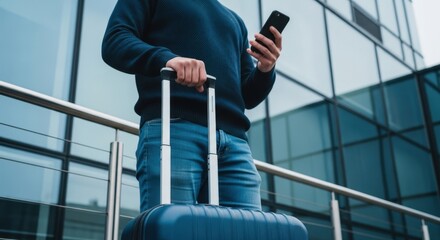 A man, holding a suitcase, checks his phone near a modern building.