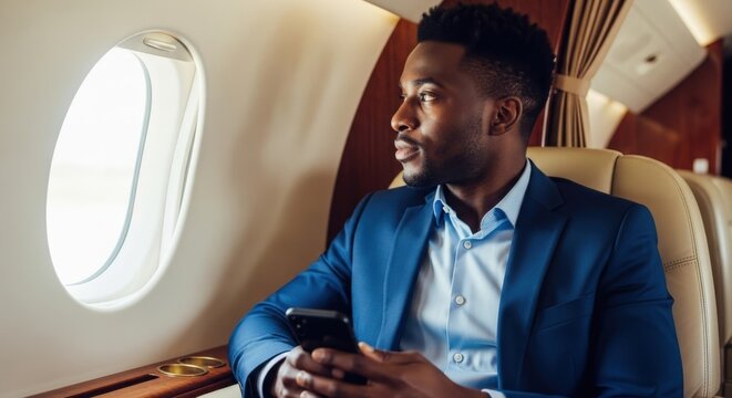 A stylish man in a blue suit looks out the window of a private jet, holding a phone. - Powered by Adobe