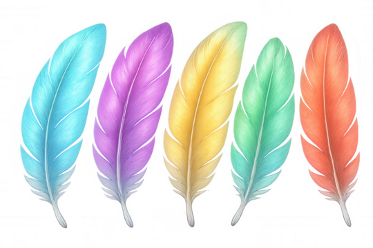 Five colorful feathers are displayed on a transparent background, creating a vibrant and eye-catching design - Powered by Adobe