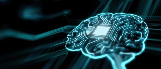 The glowing digital brain with embedded microchip and neon circuitry representing artificial intelligence