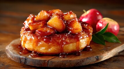 A sumptuous caramel apple pastry topped with warm, gooey apples and a rich glaze, served on rustic wooden decor, enticing anyone with a sweet tooth.