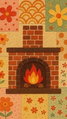 Fototapeta premium Cozy fireplace floral patchwork wallpaper.