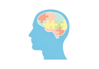 A profile view of a head, showcasing a brain composed of colorful puzzle pieces, symbolizing diverse mental processes.