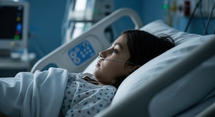 A young child patient rests in a hospital bed with oxygen support.