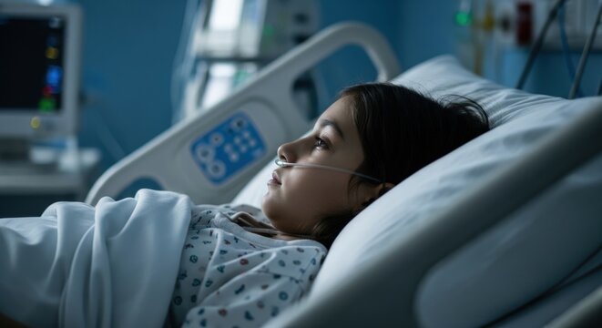 A young child patient rests in a hospital bed with oxygen support.