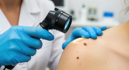 Dermatologist using a dermatoscope to examine a patient's skin for signs of cancer.
