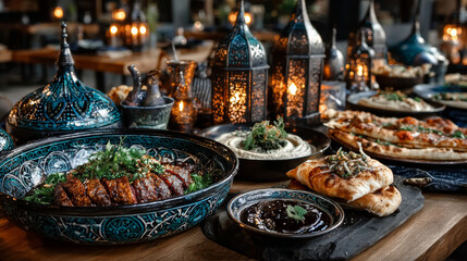 Middle eastern or arabic dishes and assorted meze, dessert, sandwiches Meat kebab, falafel, baba ghanoush, muhammara, pizza, hummus, sambusak, rice, tahini, kibbeh, pita. Halal food. Lebanese cuisine