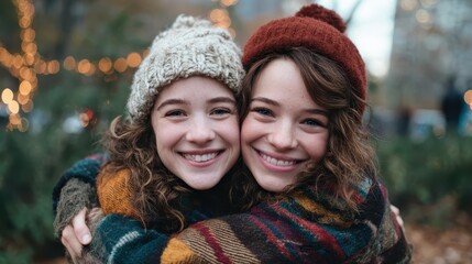 Two sisters share a joyful moment in cozy winter outfits, wrapped in colorful scarves and hats, embodying love, warmth, and the beauty of sibling bonds against a festive backdrop.