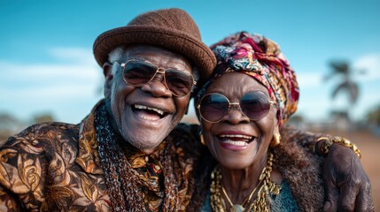 An elderly couple wearing stylish accessories and outfits, sharing a warm smile and a moment of joy together under clear blue skies that brighten their day.