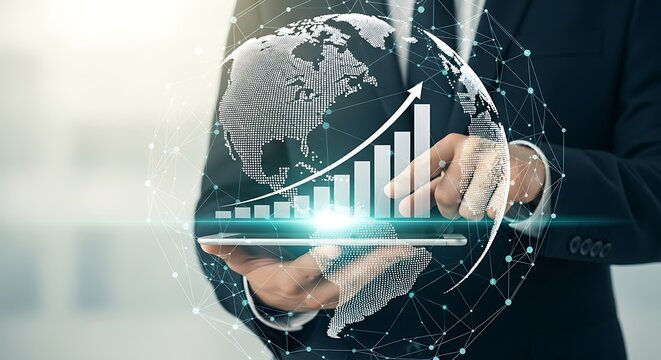 A global businessperson holds a tablet displaying a rising bar graph superimposed on a digital representation of the Earth, symbolizing global growth and progress. - Powered by Adobe