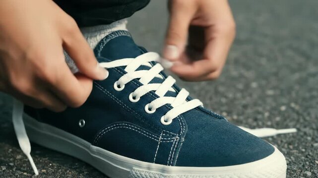 Shoelaces are tied neatly on a canvas sneaker, with detailed hand motion and outdoor light